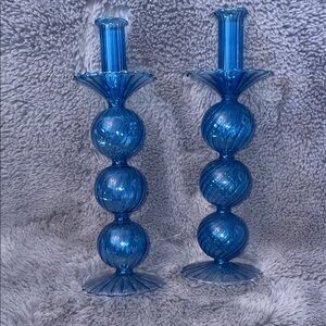 Kim Seybert Blue Glass Triple-Bubble Candlestick Pair